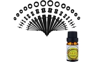 NASAMA 50 Pieces Ear Gauge Stretching Kit+Aftercare Jojoba Oil,14G-00G Tapers Plugs Silicone Tunnels Gauges Expander Set Body Piercing Jewelry