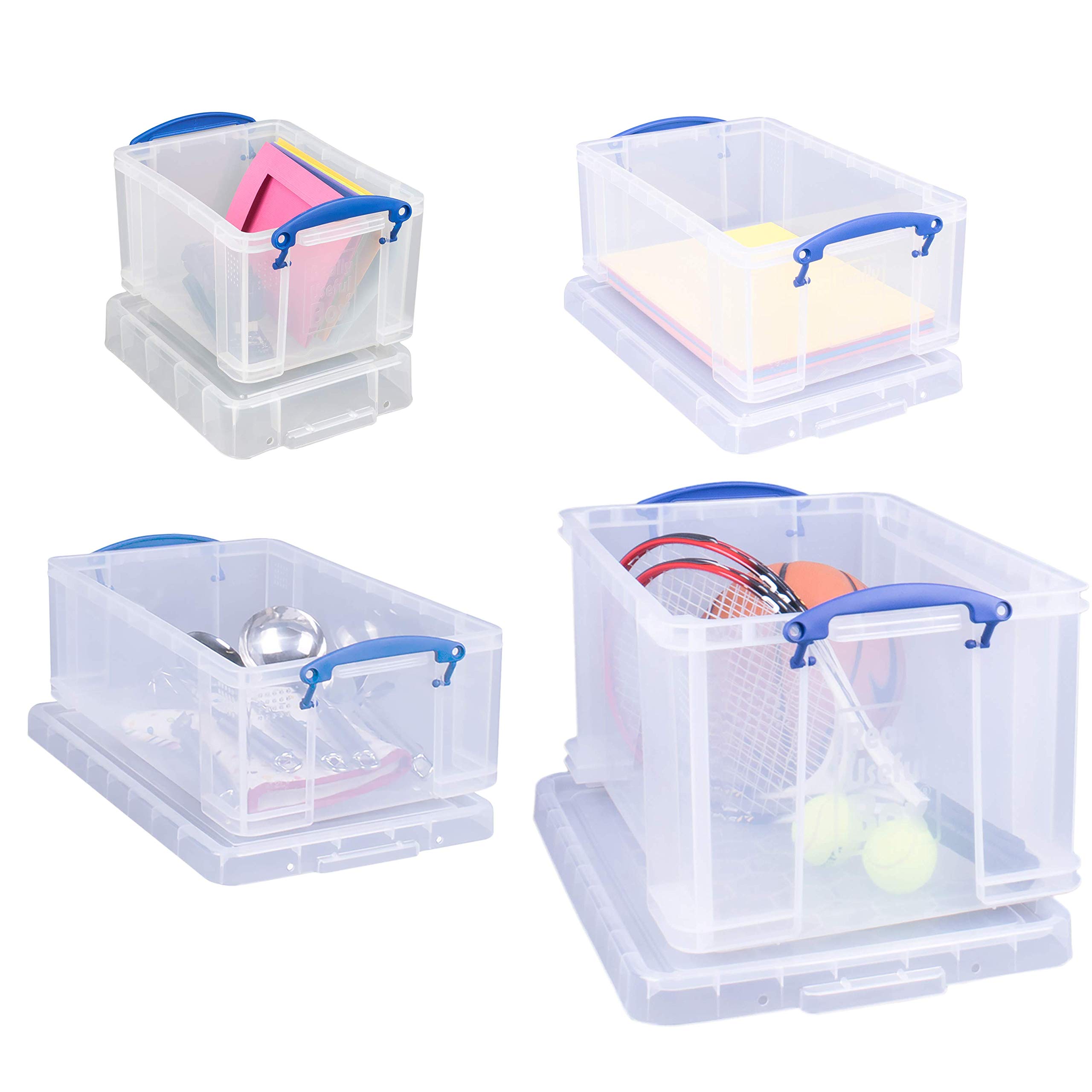 Really Useful Box Plastic Storage (Bonus Pack of 4) 48 Litre + 12 Litre + 9 Litre + 3 Litre Clear