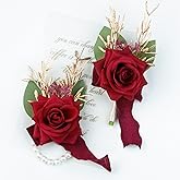YSOJMAN Wrist Corsage Wristlet and Boutonniere Set for Wedding Bridesmaid Mother Grandmother for Bridal Shower Wedding Artificial Roses Flower Prom Set of 2 (Burgundy)