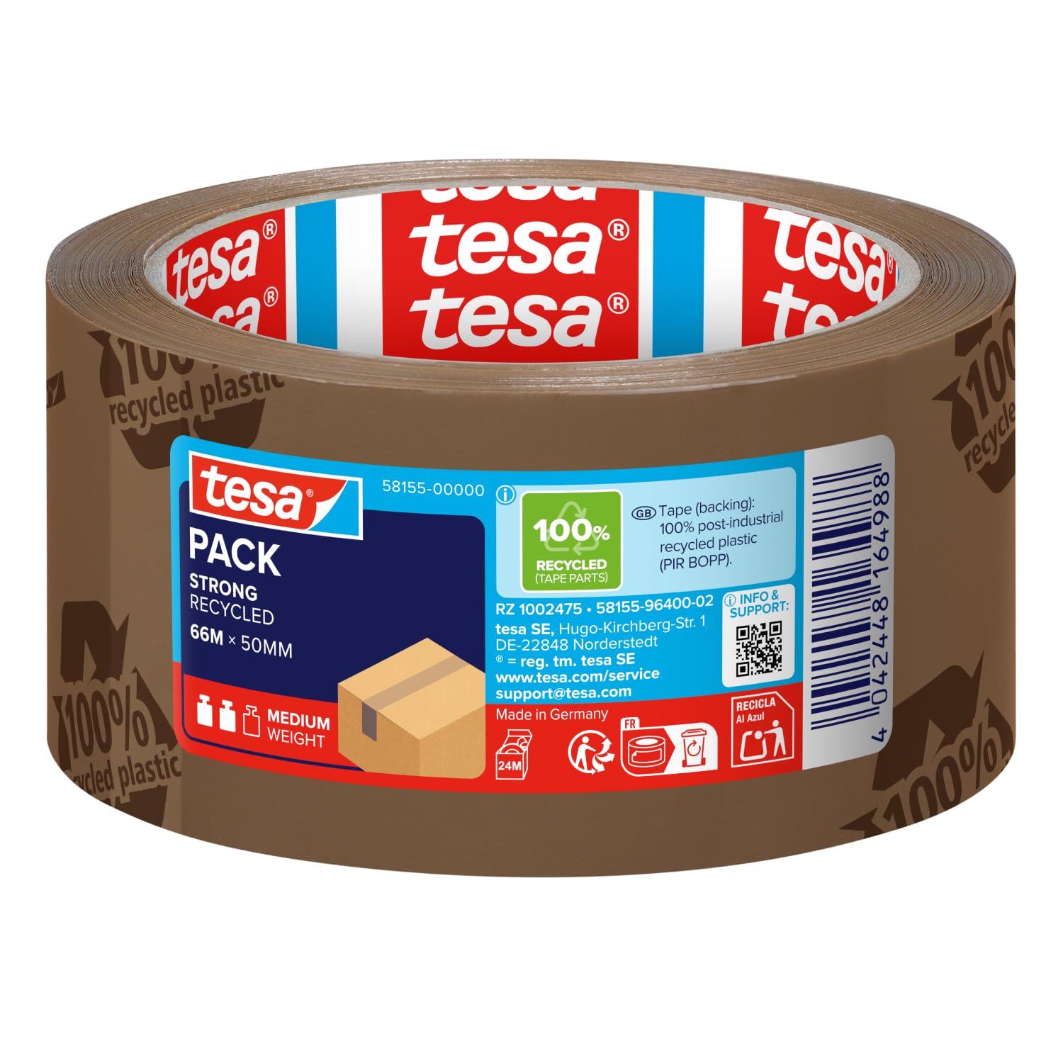 tesapack Eco & Strong - Environmentally Friendly Packing Tape Made of 100% Recycled Plastic, UV-Resistant and Age-Resistant - Brown Printed - 66 m x 50 mm