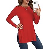 LYANER Women's Button Split Slit Sides Scoop Neck Long Sleeve Blouse Tunic Top