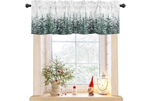 ALAGEO Pine Tree Forest Christmas Kitchen Curtain Valances Snowflake Window Curtain Treatment Short Topper Curtains Seasonal Valance Christmas Decor, 54x18 Inch