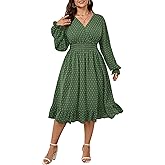 SHESTARR Women's Plus Size Fall Dress Long Sleeve V Neck Smocked Swiss Dot Flowy High Waisted A Line Ruffle Midi Dress