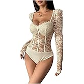 OYOANGLE Women's Floral Lace Long Sleeve V Neck Corset Mesh Leotard Bodysuit Sweetheart Neck Going Out Slim Fit Tops Jumpsuit