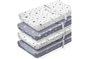 4 Pack Soft Star and Moon Neutral Unisex Fitted Baby Sheets Set for Baby Boys or Girls (Changing Pad Cover)