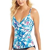 Calvin Klein Women's Blue Printed Stretch Tummy Control Fixed Cups Shirred Adjustable Deep V Neck Twist Front Tankini Swimsuit Top XS