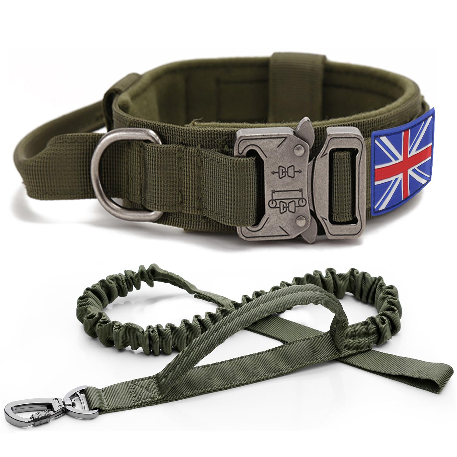 YoothBro K9 Military Dog Collar and Lead Set - Adjustable Nylon Collar with Heavy Duty Metal Buckle for Medium Large Dogs, Green with UK United Kingdom Flag