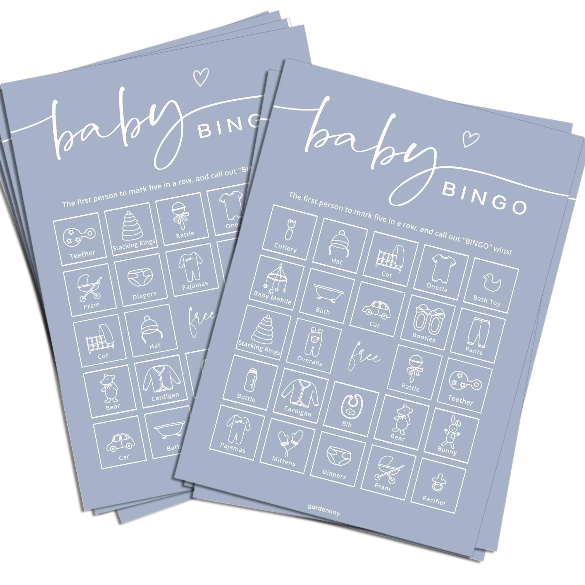 Photo 1 of GardenCity Baby Shower Bingo Game (50 Unique Cards), Pre-Filled Fun Baby Shower Game Activity, Perforated Calling Cards, Gender Neutral Boy, Blue