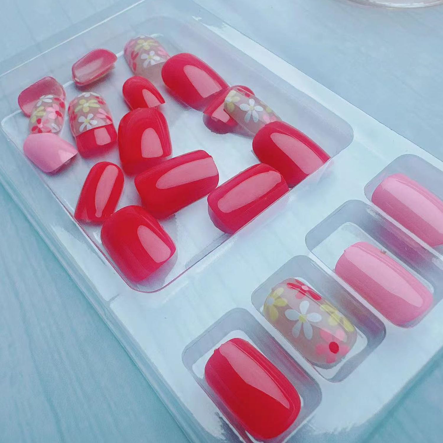 Flower Press on Nails Square Short Cute Fake Nails with Floral Design Glue on Nails Glossy Small Flowers False Nails Press ons Spring Stick on Nails Acrylic Artificial Nails for Women and Girls 24PCS - Image 4