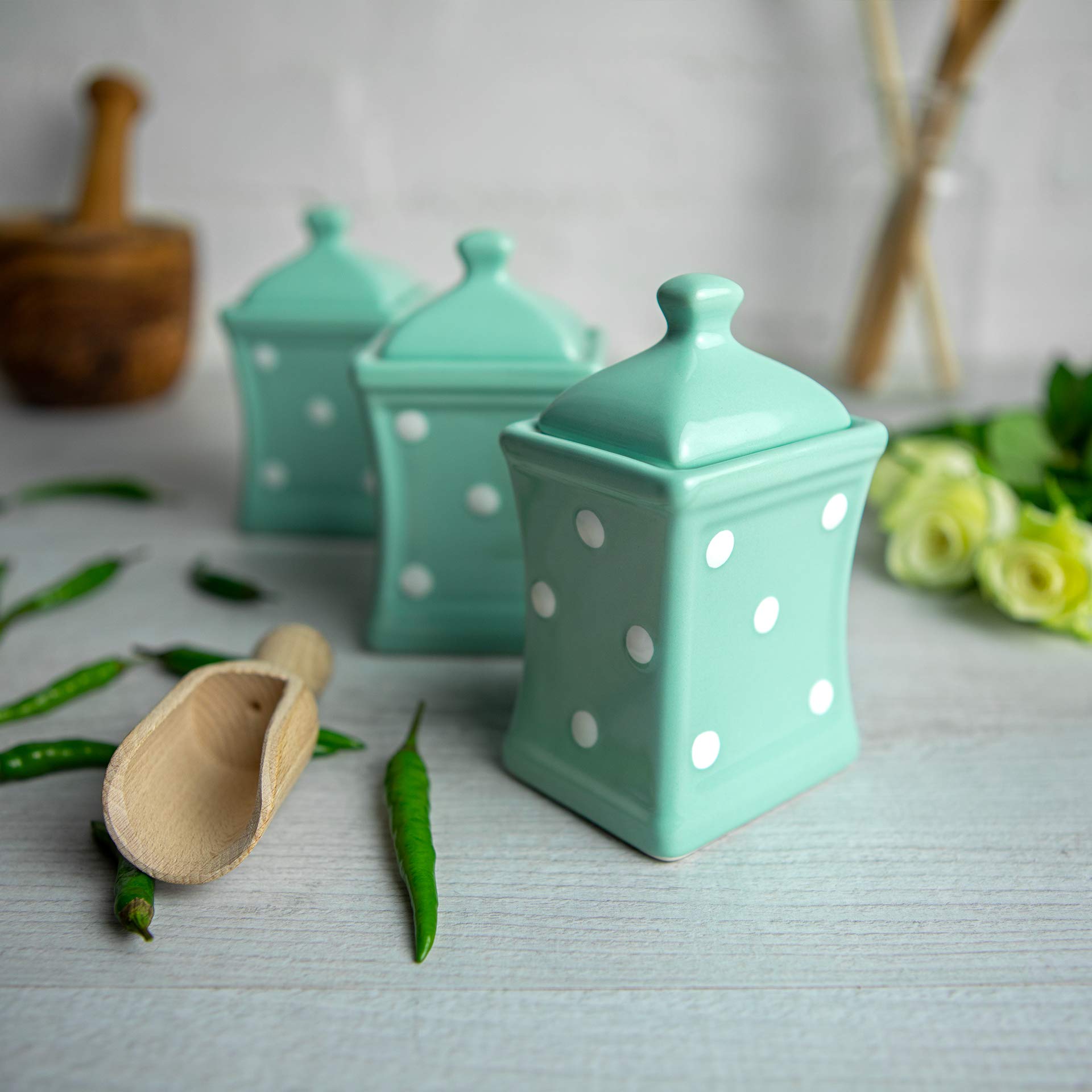 City to Cottage® Teal Blue and White | Polka Dot | Handmade | Small 5.3oz/150ml Ceramic Kitchen | Herb Spice | Storage Jar Set of 3 | Containers | Canisters