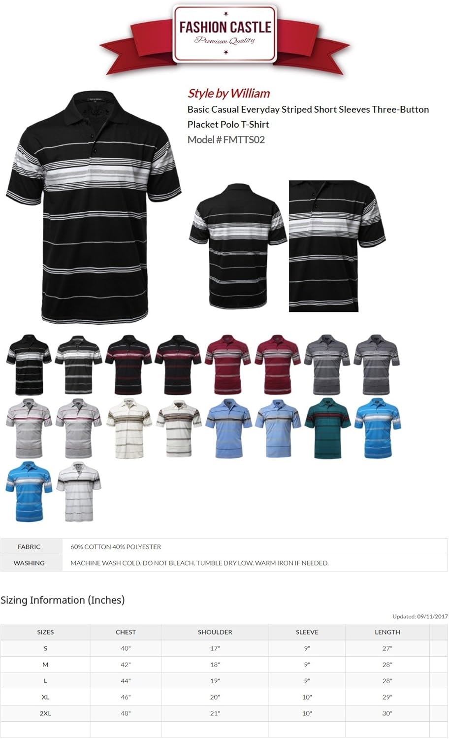 Style by William Casual Striped Short Sleeves Three-Button Polo T-Shirt Black S: Clothing