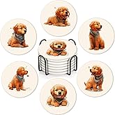 Boho Set of 6 Coasters for Drinks Absorbing Round Ceramic Stone Coaster with Cork Base,Tabletop Protection Mat for Mugs and Cups,Office,Kitchen (Golden Retriever Puppy)