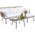 Devoko Outdoor Patio Furniture Set, Outdoor Sectional Conversation Rope Woven L-Shaped Sofa Set with Patio Table and Thick Cushions for Backyard Porch Balcony Garden, White