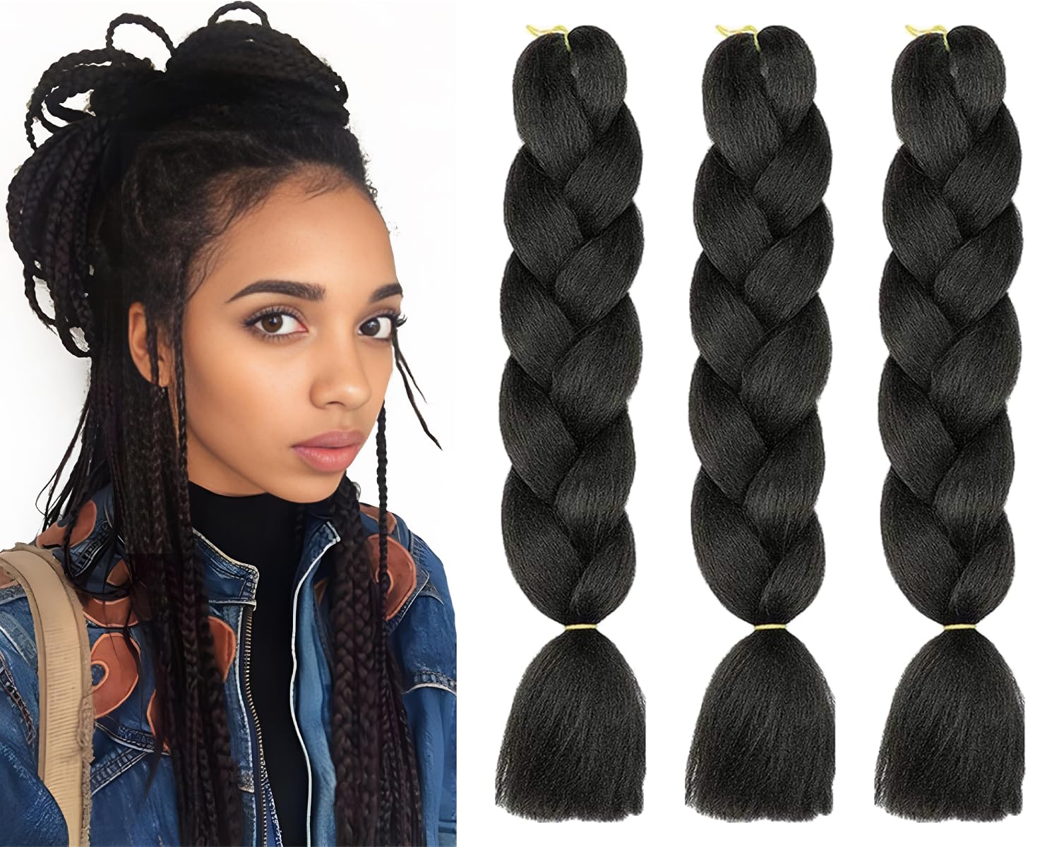 3 Pcs /300g 24 Inch Jumbo Braiding Hair, Braid Hair Extensions Synthetic Wig, Ombre Jumbo Braids for Braiding Crochet Twist Braids Hair, Afro Hair Extensions (Natural Black)