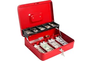 Lovndi Large Cash Box with Money Tray and Lock, Metal Money Box for Cash, Lockbox 11.8 x 9.5 x 3.54 Inches (Red key lock)