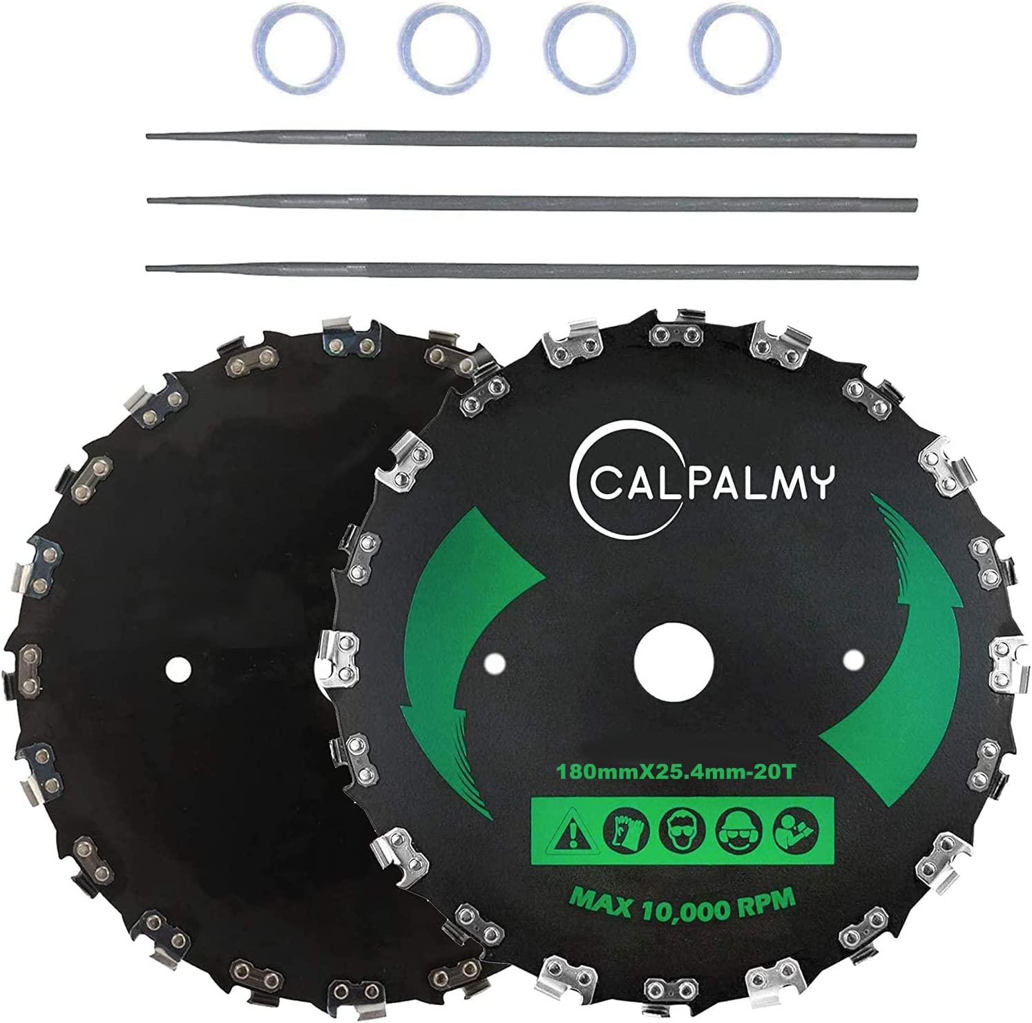 Photo 1 of (2-Set) 7" x 20T Chainsaw Tooth Brush Blades – 2 Blades, 3 Assorted Round Files (5/32’’, 3/16'', 11/64'') and 4 Washers | for Cutter, Trimmer, Weed Eater | Made from Carbon Steel, Cuts Like Butter