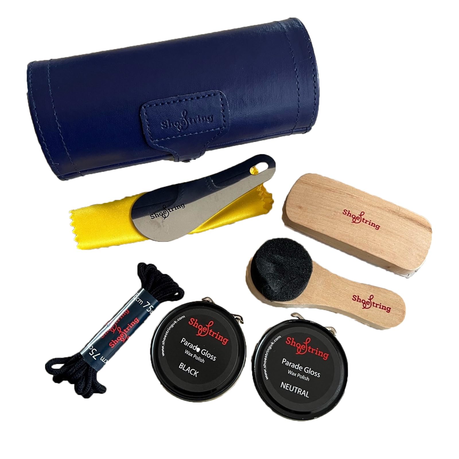 Travel Barrel Luxury Shoe Care Kit, including polish, application brushes and laces