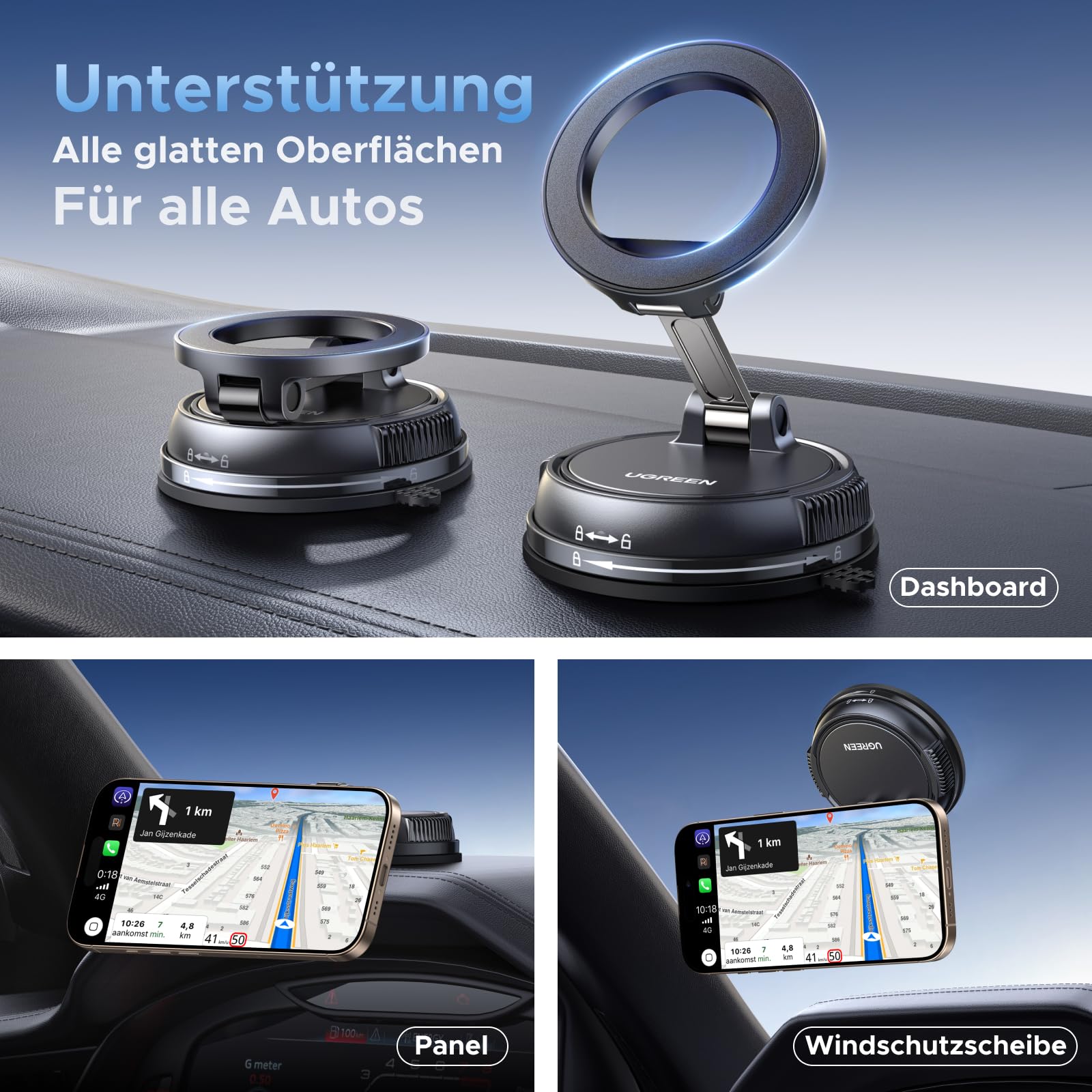 UGREEN Handyhalterung Auto für Magsafe Autohalterung mit N55 Starker Magnet, Handy Halterung Auto mit Vakuum Saugnapf & Nano-Gel-Pad Kompatibel mit iPhone 17 16 15 14 13 12 Pro Max 5