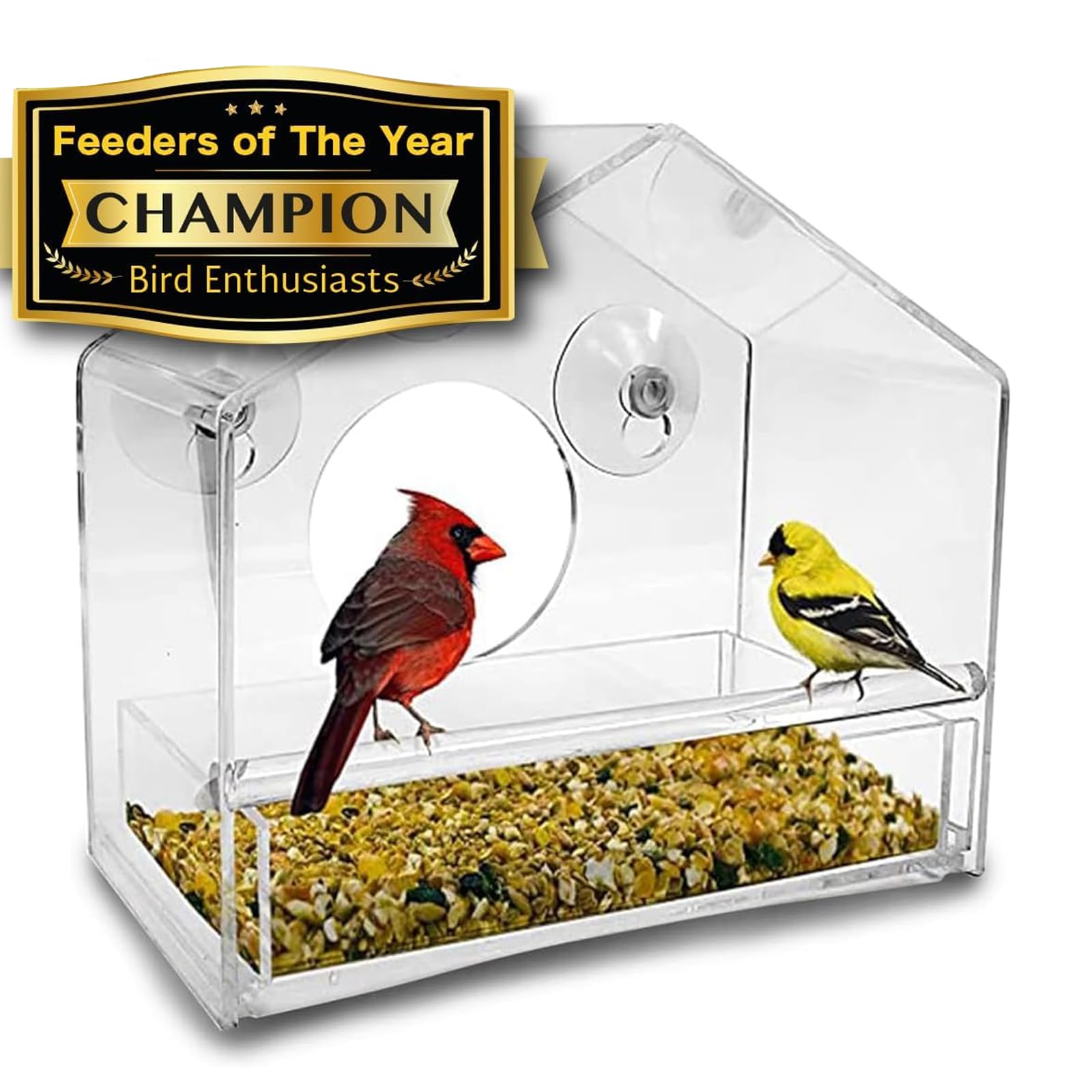 thumbnail image 2 of Acrylic Window Bird Feeder Clear Food Bowl With Perch For Outdoor 2 of 11