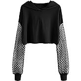 Verdusa Women's Fishnet Crop Hoodie Drop Shoulder Long Sleeve Sweatshirt Pullover