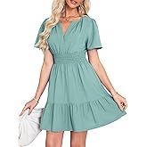 Simplee Women's Summer Linen Mini Dress Casual Short Sleeve V Neck Empire Waist Flowy Boho Sundress Beach Wedding Gest