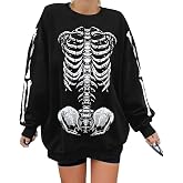 Oversized Halloween Sweatshirt Women Gothic Skeleton Graphic Pullover Shirt | Y2K Punk Skull Print Sweatshirts Halloween Party Pullover Casual Fall Winter Holiday Long Sleeve Tops