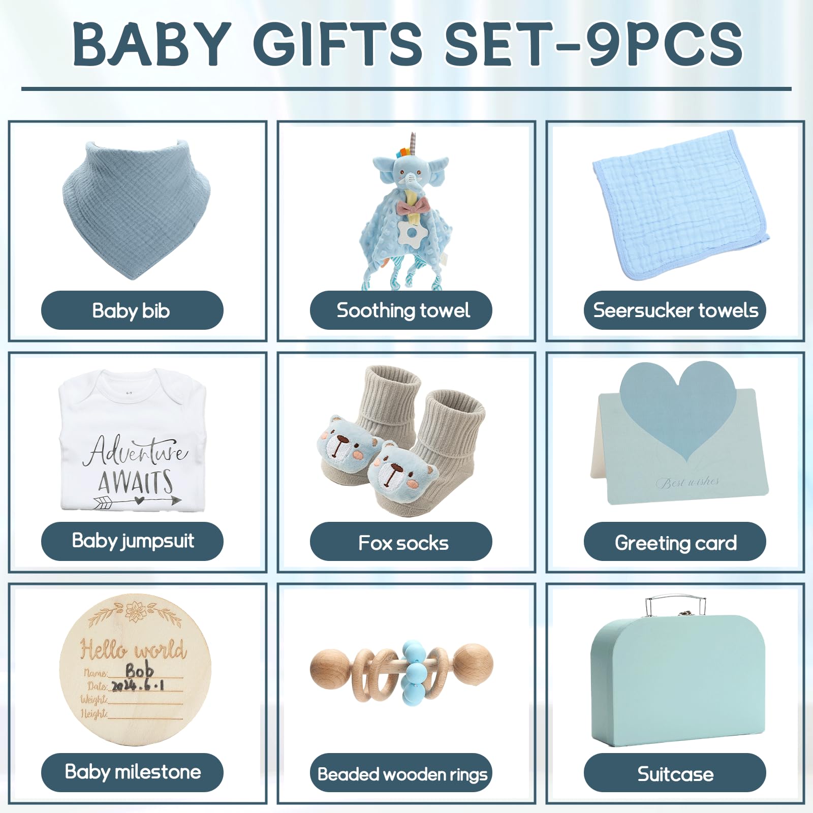 Baby Gift Set Baby Shower Gifts Basket for Newborns New Born Baby Boy Gift Set Blue Baby Gift Basket with Baby Rattle Muslin Towel Security Blanket Gender Reveal Gifts for Baby Girls Boys