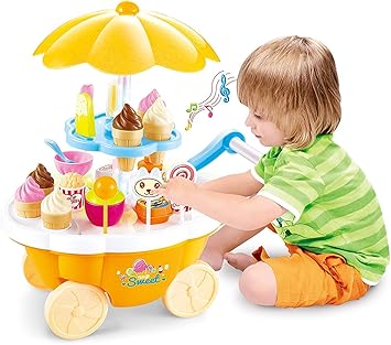 Jack Royal Sweet Cart Play Set for Kids, 39 pcs Pretend Play Sweet Shop Set with 4 Wheels Carrying Case Cart, Includes Sweets, Ice-Creams and Play Cash (Yellow)