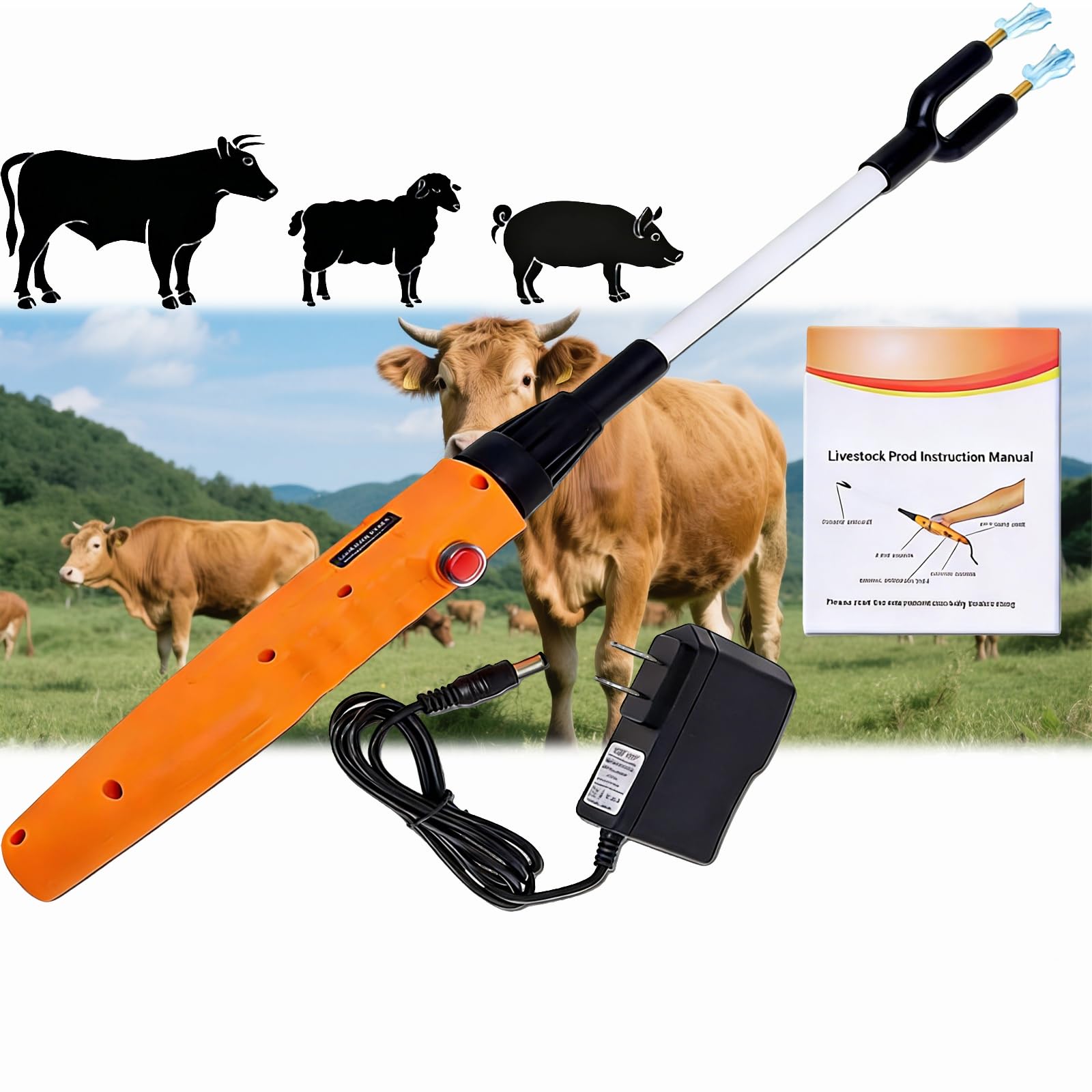 Picana eléctrica para ganado de 26 pulgadas (66 cm), picana de seguridad recargable para animales, descarga caliente para ganado, perros, cerdos y cabras