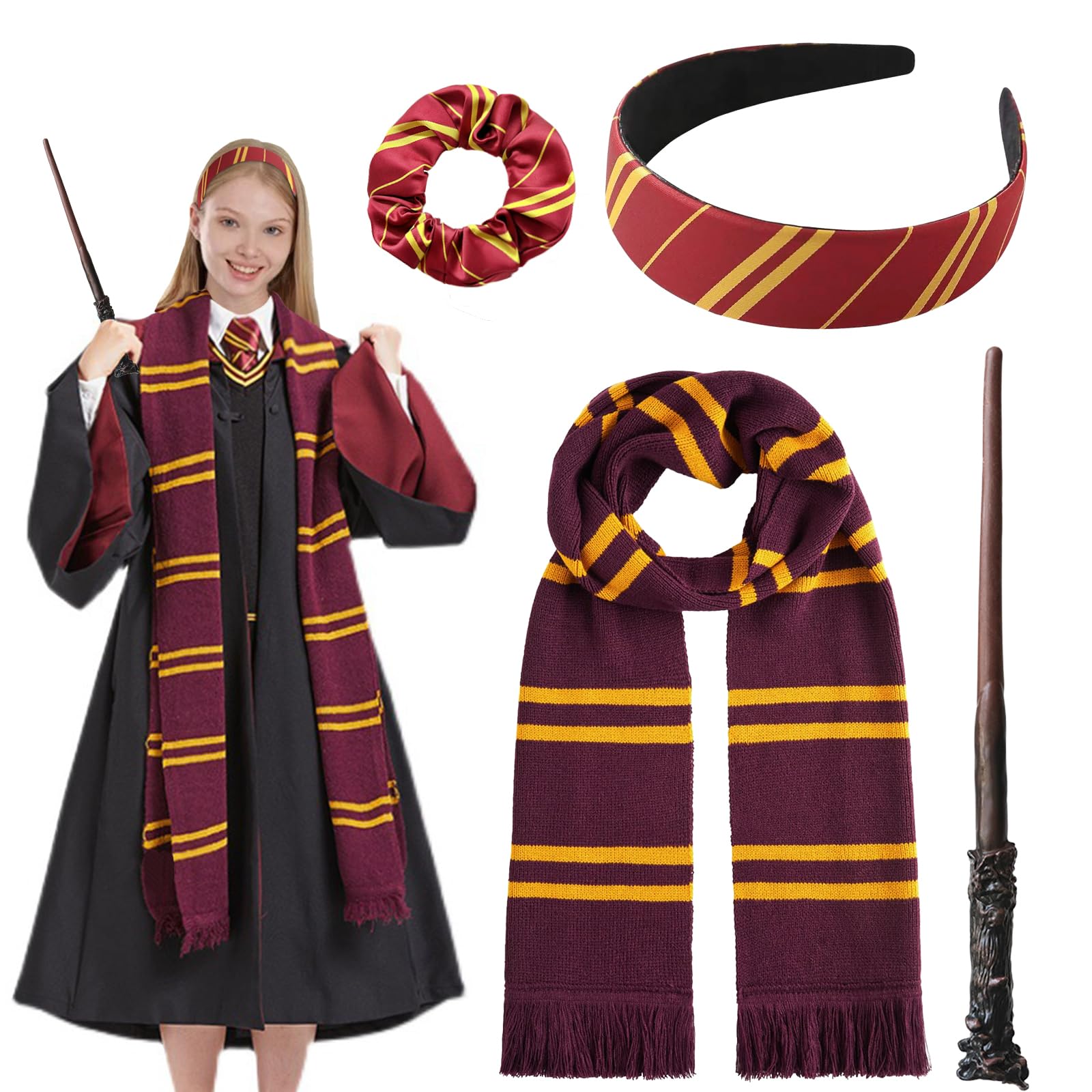 4Pcs Wizard Costume Accessories Set for Adult, Harry Cosplay Accessories Kit with Magic Wand, Scarf, Headband, Scrunchies Wizard Cosplay Outfit for World Book Day, Halloween Women