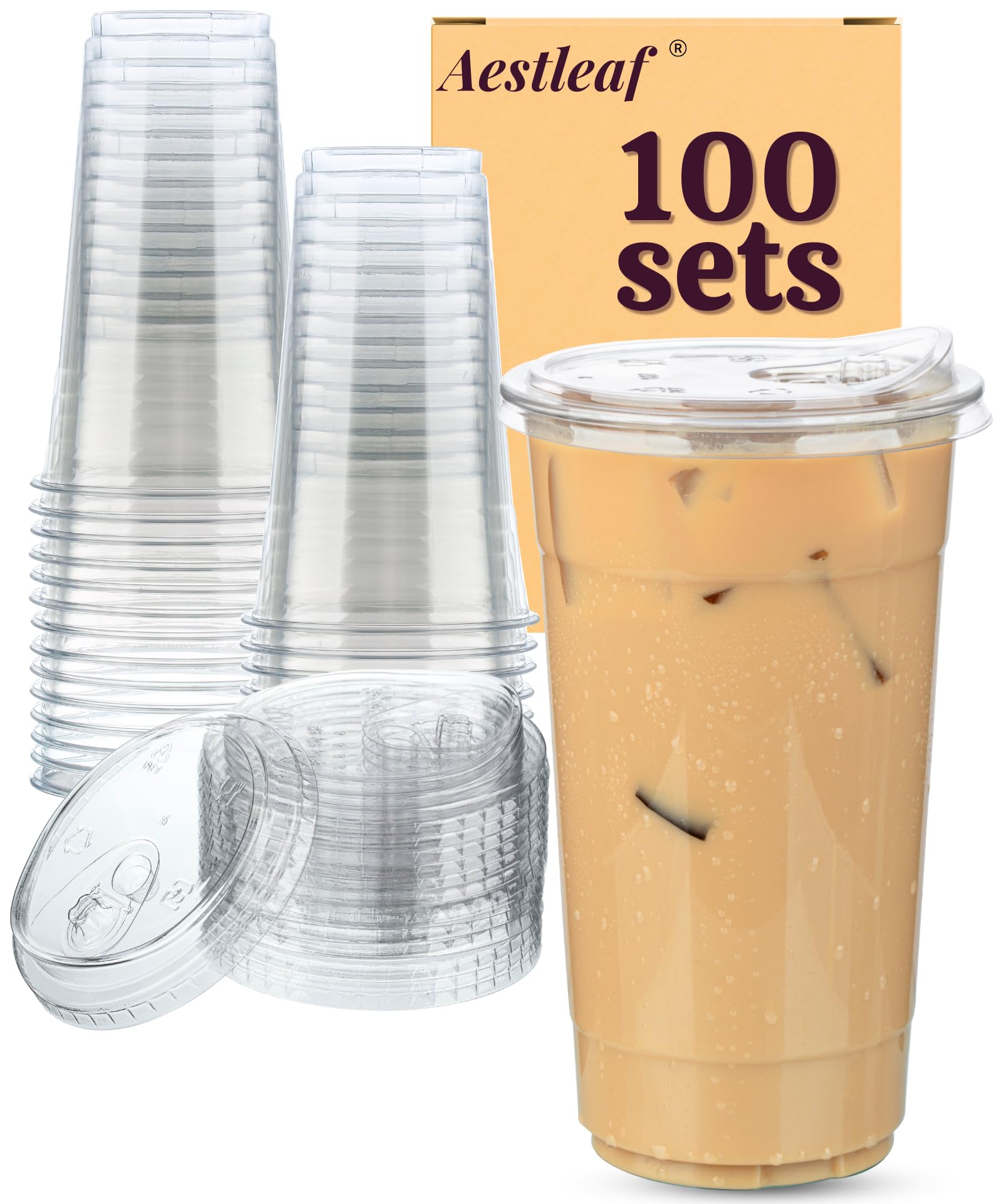 Photo 1 of Aestleaf 100 Pack 32 oz Clear Plastic Cups with Lids, Disposable Plastic Iced Coffee Cups with Strawless Sip-Lids, To Go Coffee Cup for Smoothie, Milkshake, Cold Drinks