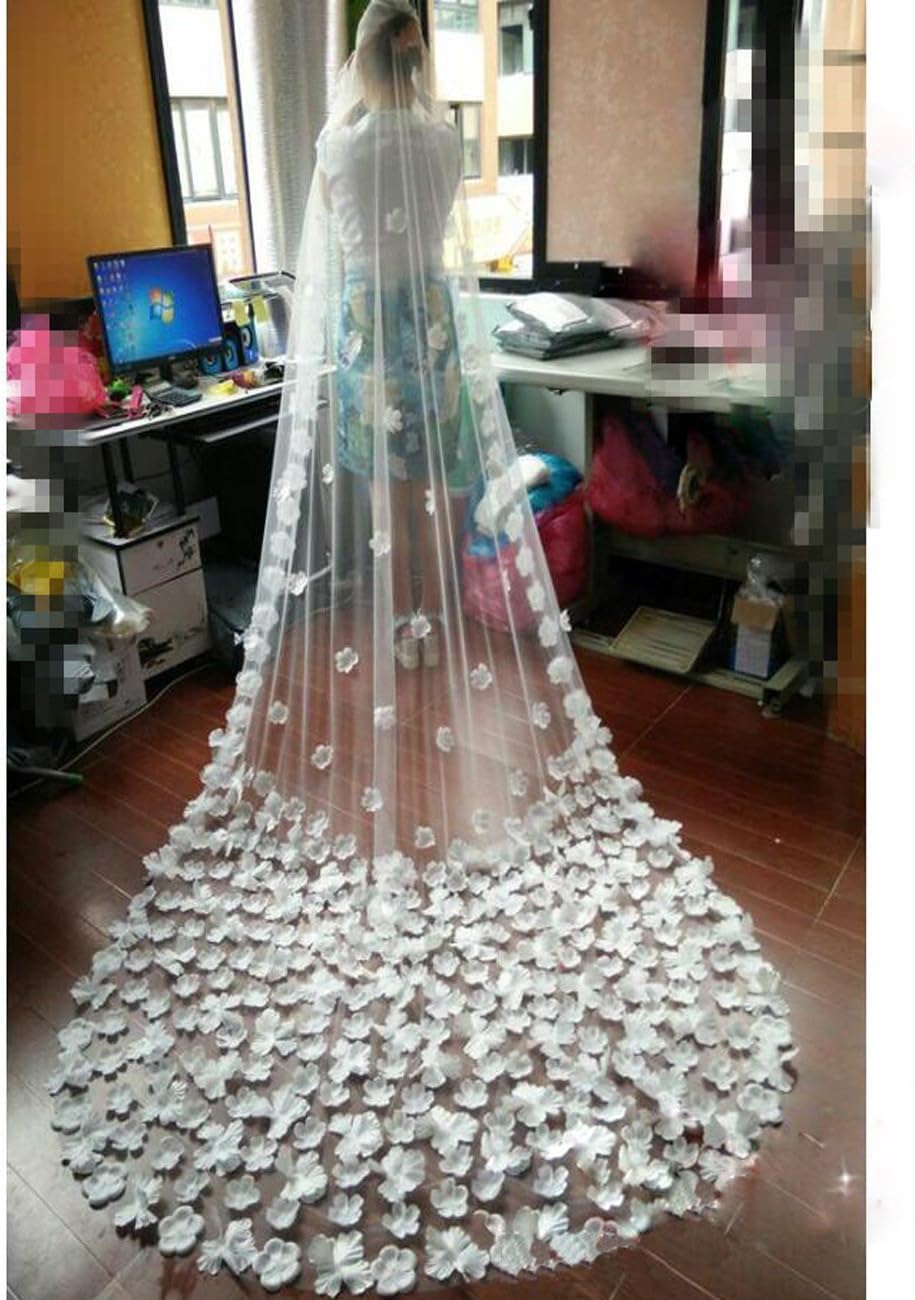 GOSSIPY 100 Inch 1 Tier Flower Blooming Cathedral Wedding Veils with Appliques, White
