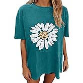 MQSVPUT Oversized Tshirts for Women Flower Graphic Tees Cute Casual Crewneck Printed Shirts Funny Short Sleeve Tops