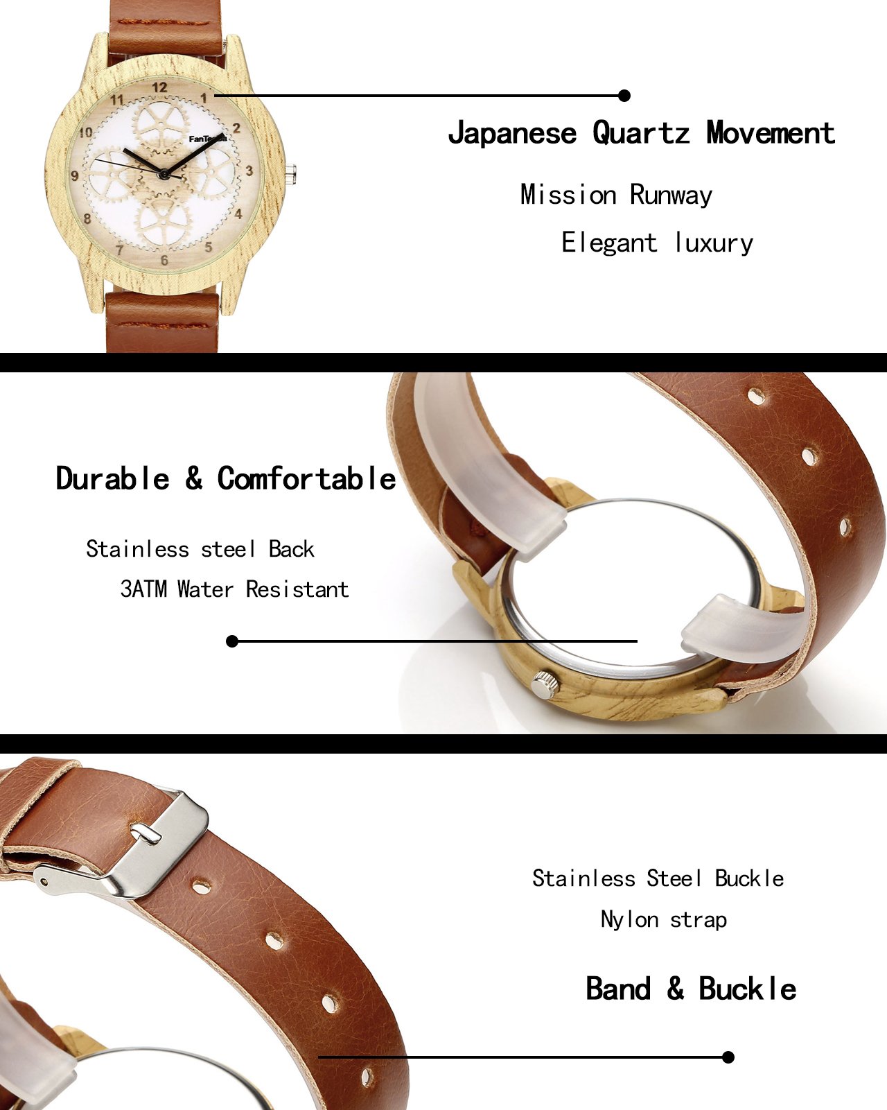 JSDDE Uhren,Vintage Holz-Muster Zahnrad Armbanduhr Damenuhr Kleid Uhr PU Lederarmband Analog Quarzuhr,Braun