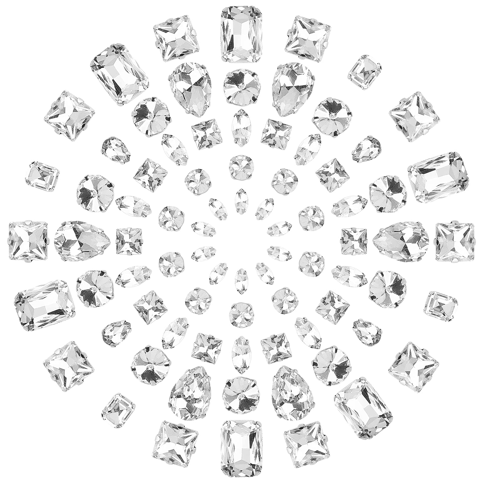 GORGECRAFT 1 Box 100Pcs Sew On Rhinestones 10 Styles Claw Flatback Gemstones Clear Glass Rhinestone Teardrop Round Square Sewing Gems for DIY Crafts Jewelry Clothes Bag Shoes Dress Embellishments