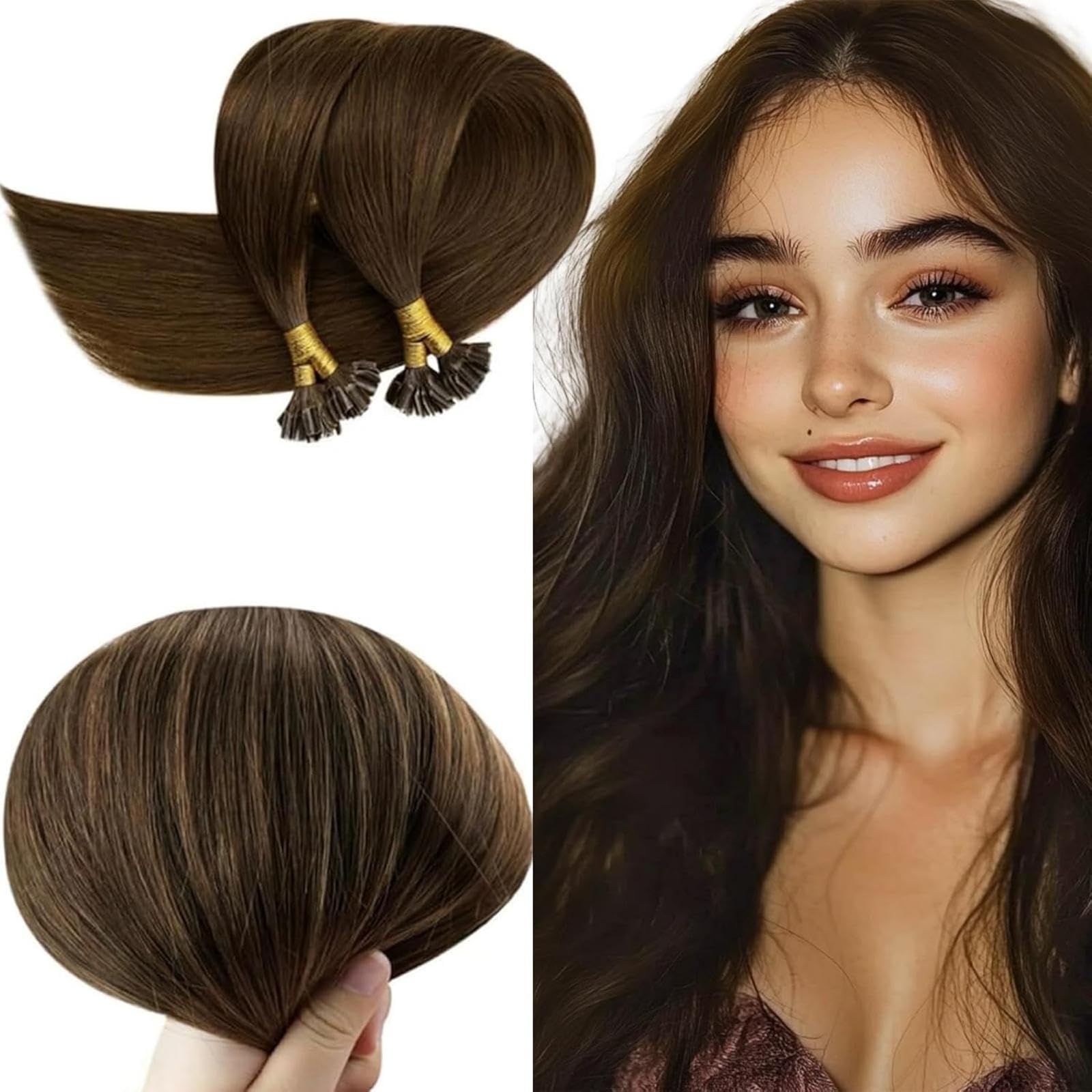 RUNATURE Brown U Tip Hair Extensions Real Human Hair Brown Pre Bonded Hair Extentions Keratin U Tipped Extensions 16 Inch 50 Gram Straight — image 1