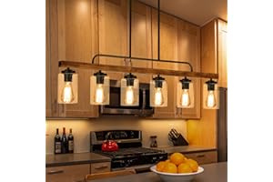 HOGBU Farmhouse Chandelier 6-Light Dining Room Light Fixture Over Table Kitchen Island Lighting Rustic Chandeliers for Dining Light with Seeded Glass Shade Wood Pendant Lights Kitchen Island