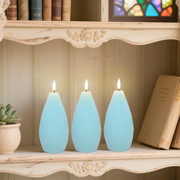 IMMEISCENT BLUE RIBBED FLAMELESS CANDLES WITH REMOTE FLICKERING REALISTIC BATTERY POWERED LED REAL WAX DECORATIVE CANDLE GEOMETRIC AESTHETIC RIBBED MODERN OCEAN DECOR FOR HOME TABLE FIREPLACE, 3PACK