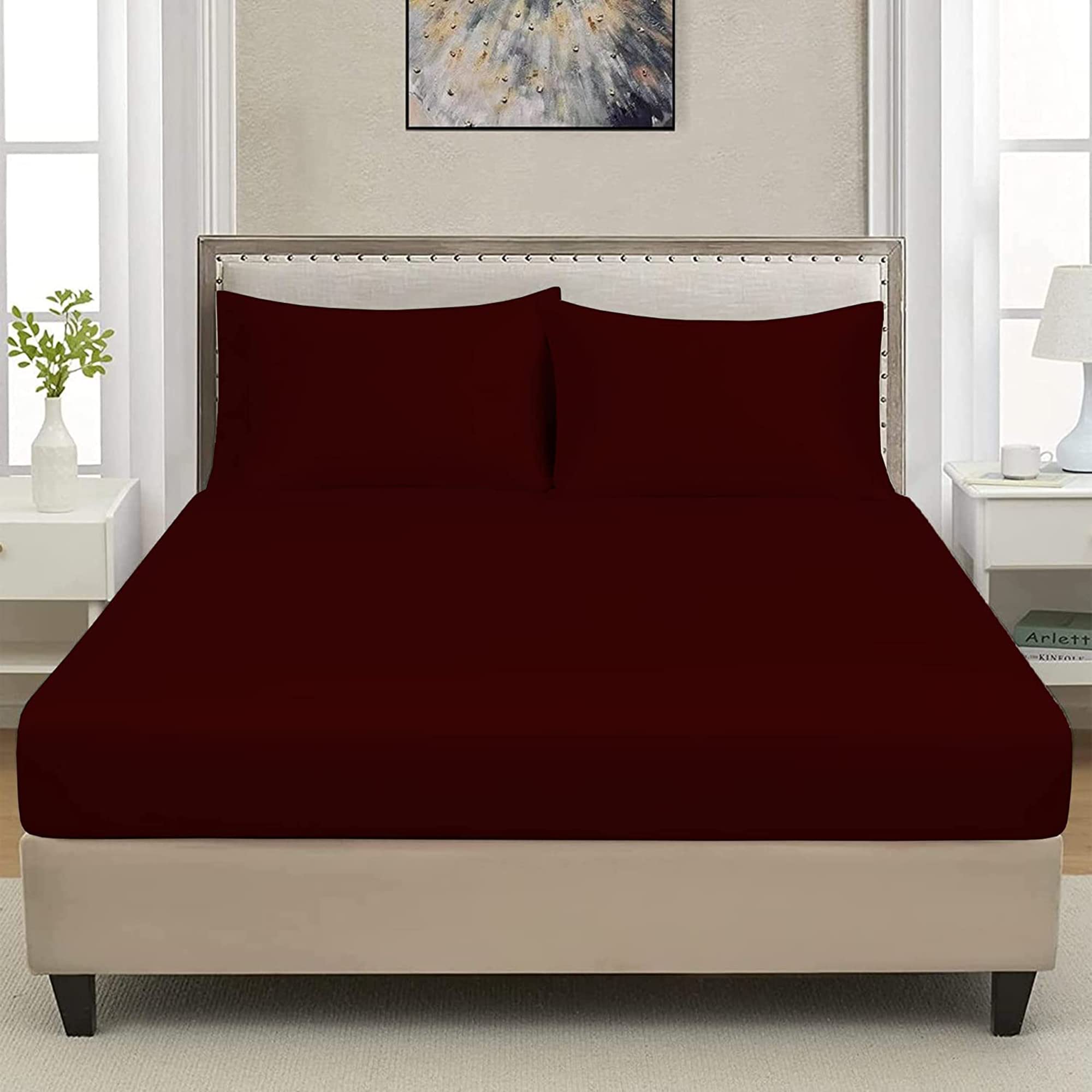 Extra Deep Luxuary Fitted Sheet 25cm Mattress Sheets 50% Cotton 50% Polyester By JRI® (Double, Burgundy) — image 1