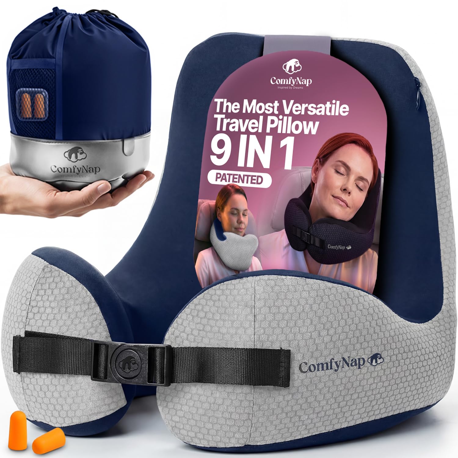 ComfyNap® Versatile Travel Neck Pillow for Airplane [Patented], 9 Positions in 3 Techniques, Plane Pillow with Pure Memory Foam, Travel Pillow with HeadRest Flight Sleep, Travel Essential - Earth