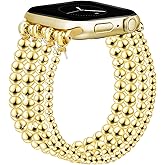 JR.DM Gold Beaded Bracelet Bands Women Compatible with Apple Watch 40mm 42mm(S10/11) 41mm 38mm Dressy Fancy Stretchy Elastic Jewelry Strap Replacement for iWatch Series 11/10/9/8/7/6/5/4/3/2/1/SE