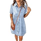 luvamia Women's Casual Short Sleeve Button Down Tiered Denim Babydoll Jean Dress