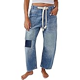 Kedera Womens Baggy Barrel Horseshoe Jeans Wide Leg Patchwork Low Rise Drawstring Denim Pants with Pockets