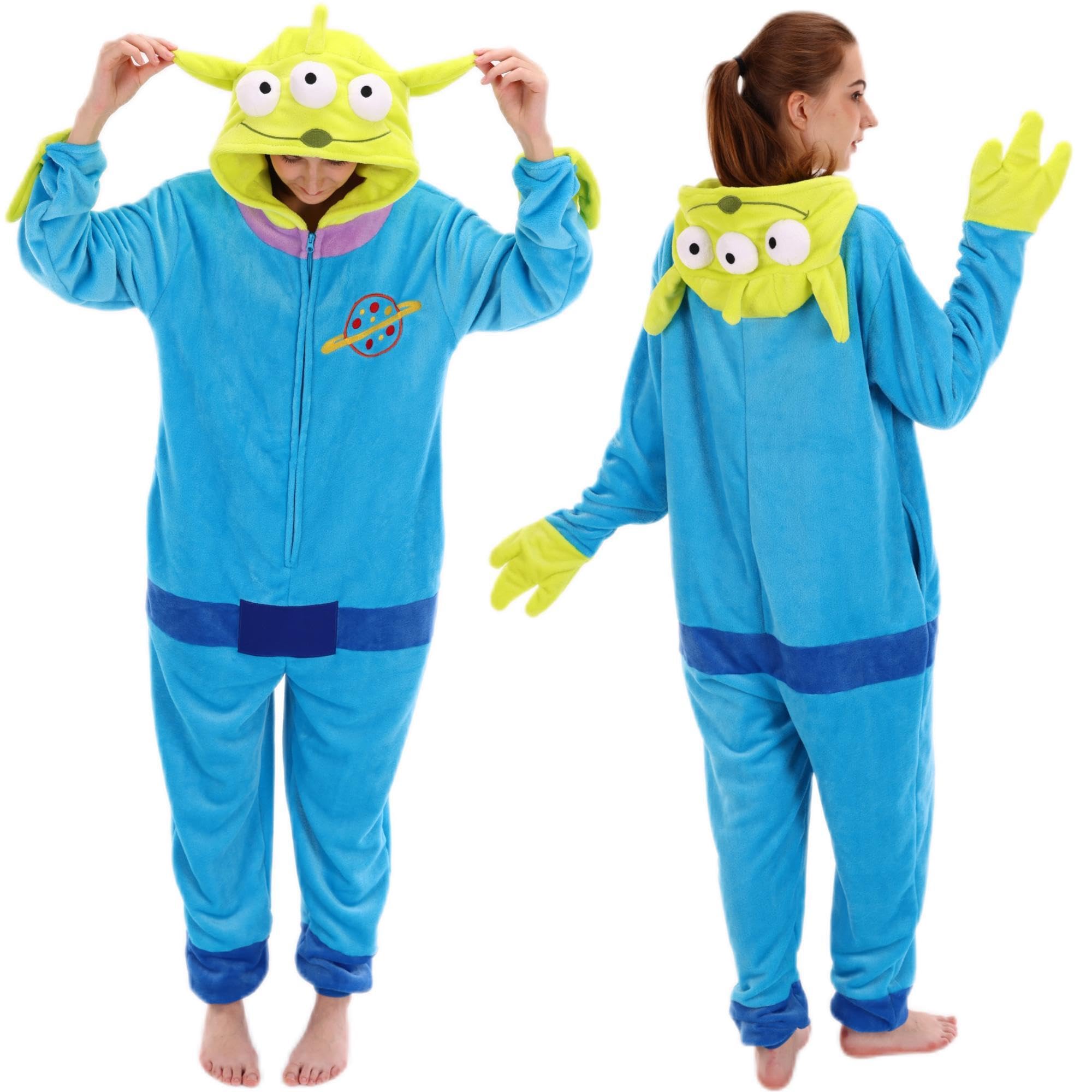 COSUSKET Fitted Unisex Adult Aliens Onesie Pajamas, Halloween Flannel Women's Cosplay One Piece Costume Green/Blue Image