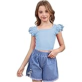 OYOANGLE Girl's Casual Solid Ruffle Trim Cap Sleeve Square Neck Cute Crop Tank Tops T-Shirts