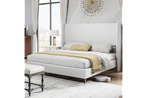 PaPaJet Queen Size Bed Frame with 51.2" Wingback Headboard, Upholstered Modern Tall Platform Beds, Solid Wood Legs, Easy Assembly, No Box Spring Needed, Soft Linen Bedroom Furniture, White