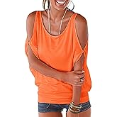 Miselon Women Cold Shoulder O-Neck Short Sleeve Loose Fit Summer Shirt Blouse Tops