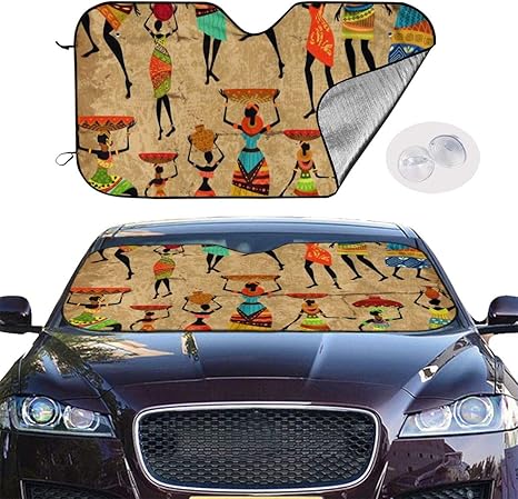 Amazon グランジ背景にアフリカの女性 車用サンシェード 遮光遮熱 Uv 紫外線カット フロントカバー ダッシュボード保護 日焼け対策 強力吸盤 簡単着脱 丈夫で長持ち 70x130cm 車 バイク 車 バイク