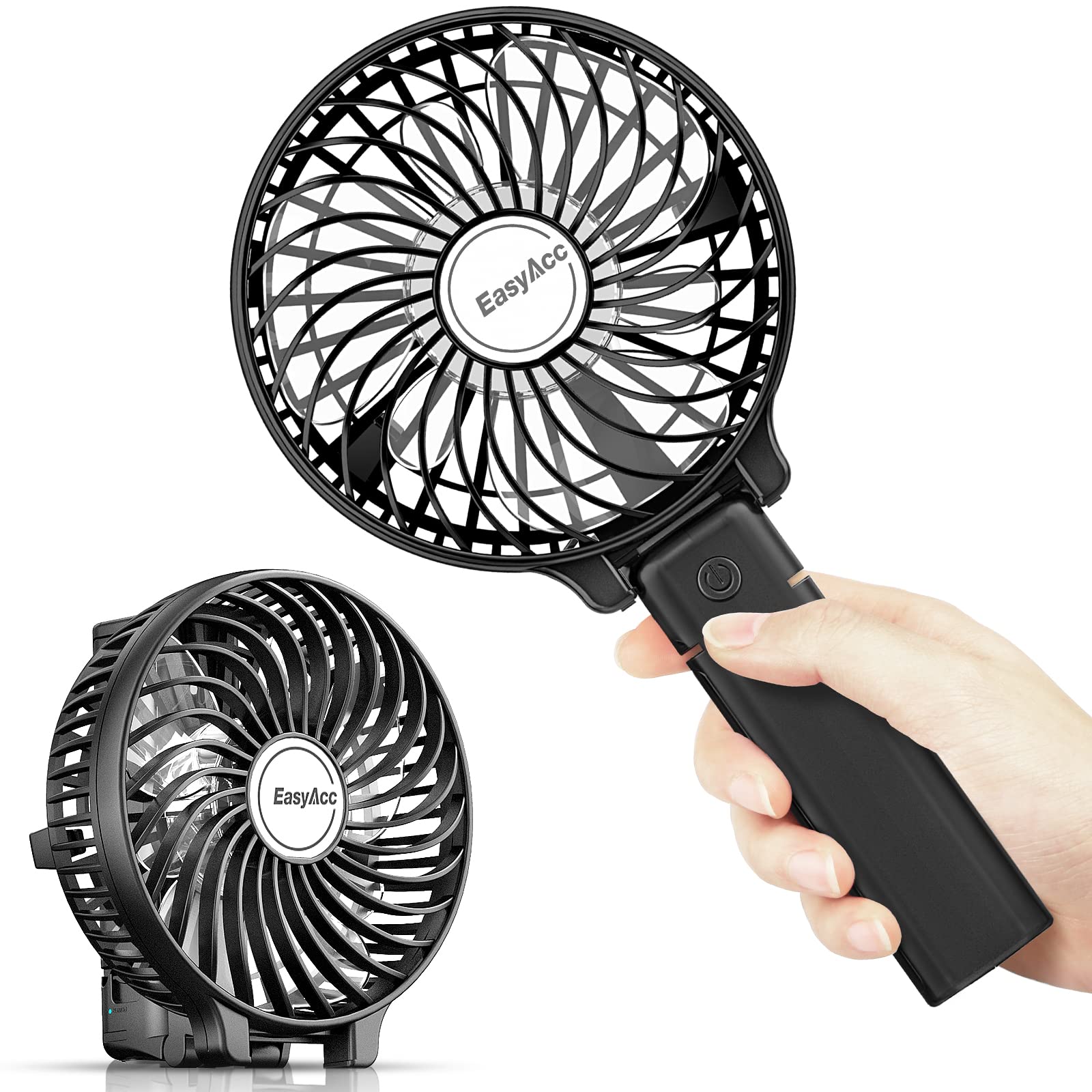 EasyAcc Handheld Fan Portable USB Fan 3 Speeds [Lifetime Service] 180° Foldable Powered Personal Mini Electric Fan With Rechargeable Battery Folding Adjustable Speeds Fan Home Travel Outdoor Black