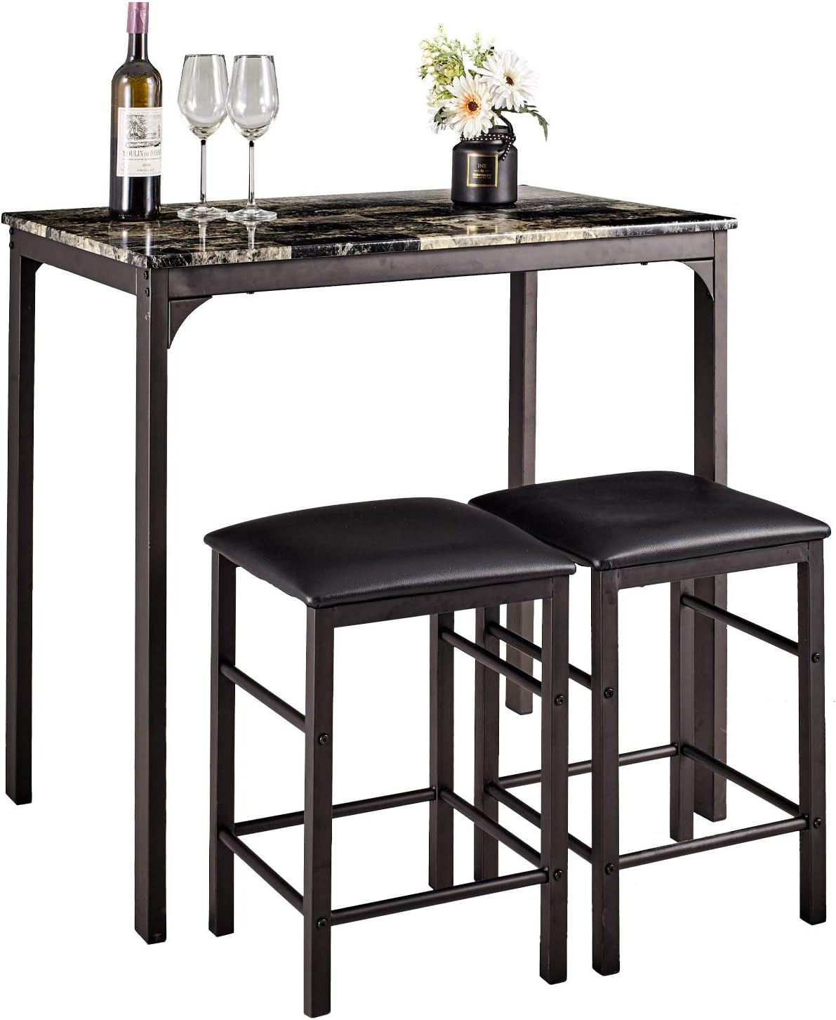 AMERLIFE Dining Set for 2 Marble Look Wooden Dining Table Set 3 Piece Pub Table Set Wood Counter Height Rectangular Breakfast Dining Table with 2 Chairs Kitchen Bar Furniture, Black